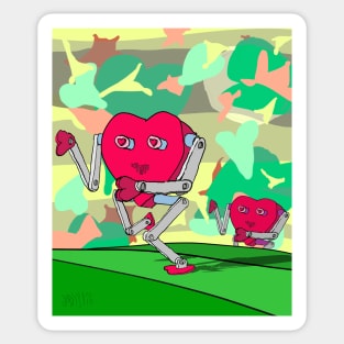 Cardio. Two heart-shaped robots out for jog in a bright landscape. Love is in the air. Sticker
